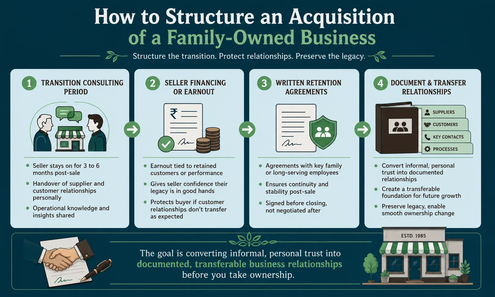 Four steps to structure a family-owned business acquisition: transition consulting period, seller financing or earnout, written retention agreements, and documenting and transferring relationships