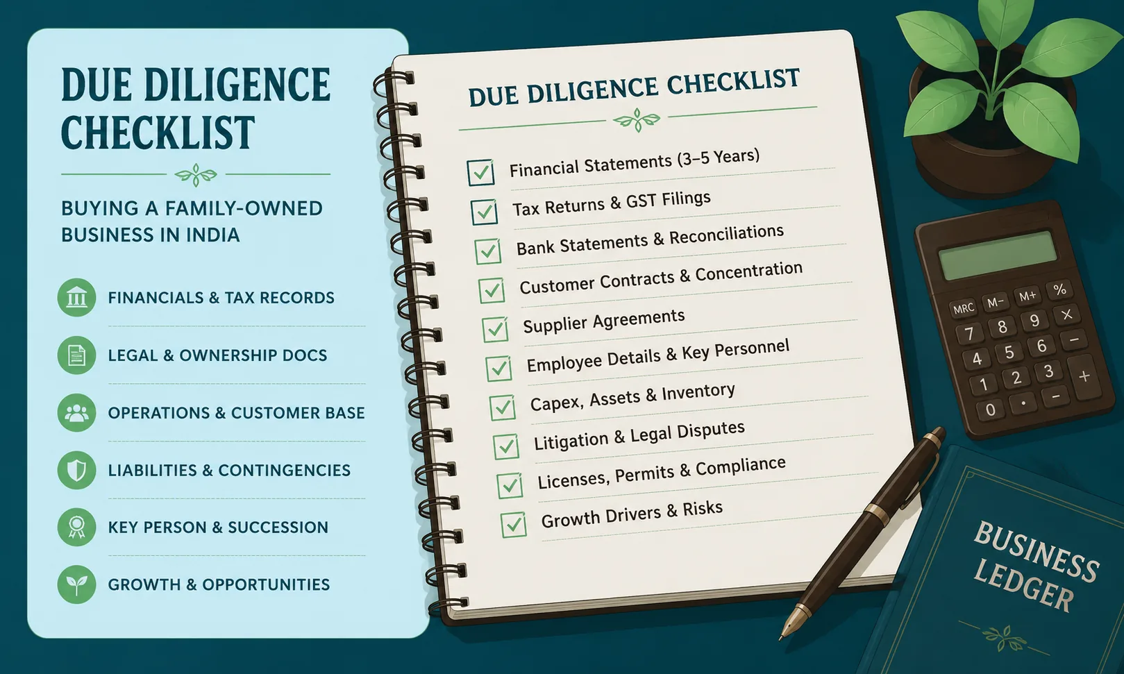 Family business due diligence checklist covering financials and tax records, legal and ownership documents, operations and customer base, liabilities, key-person and succession risk, and growth drivers