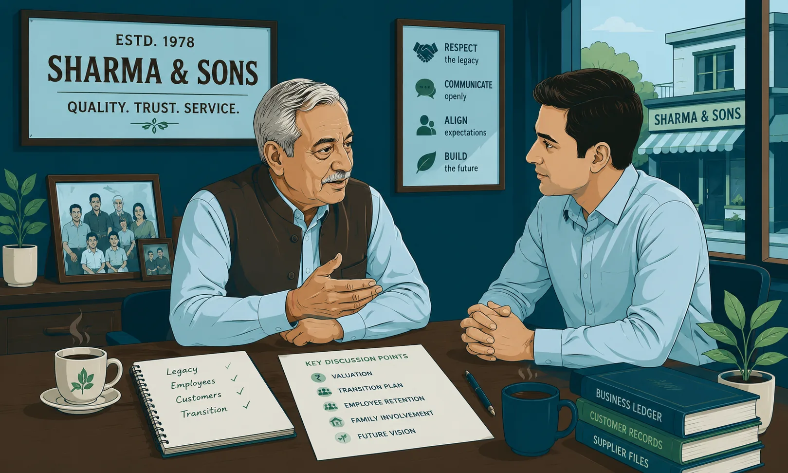 Second-generation family business owner negotiating a sale across the table from a buyer, discussing valuation, transition plan, and employee retention