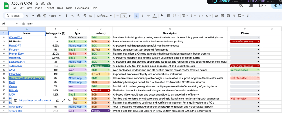 Kautilya's Acquire CRM spreadsheet tracking business name, asking price, type, industry, description, and deal phase