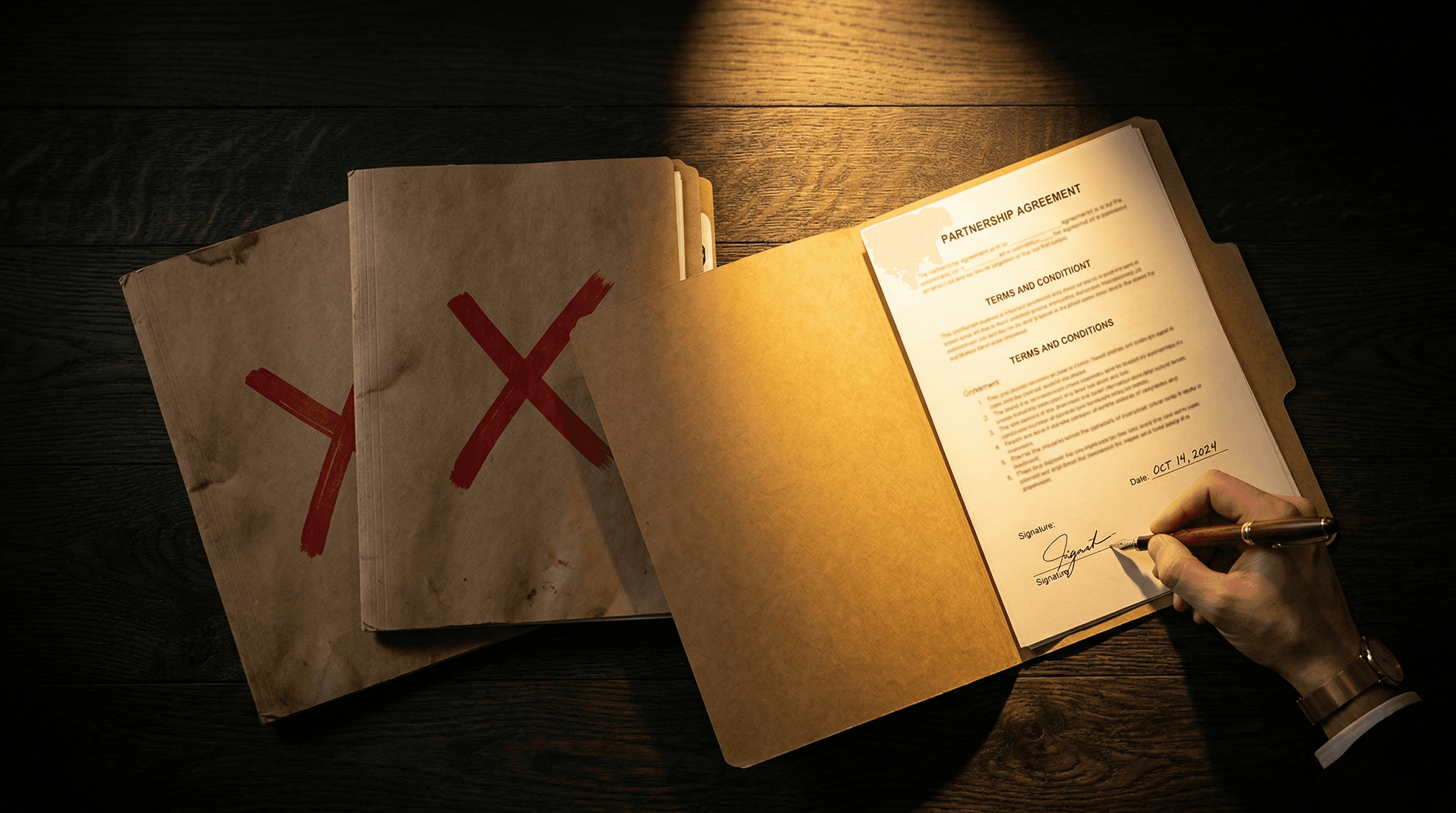 Two deal folders marked with red X and one open folder lit in gold representing SmartPrompt kill discipline