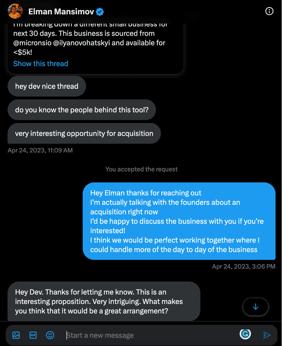 Twitter DM thread showing how Dev Shah connected with Elman Mansimov to co-acquire Sourcely