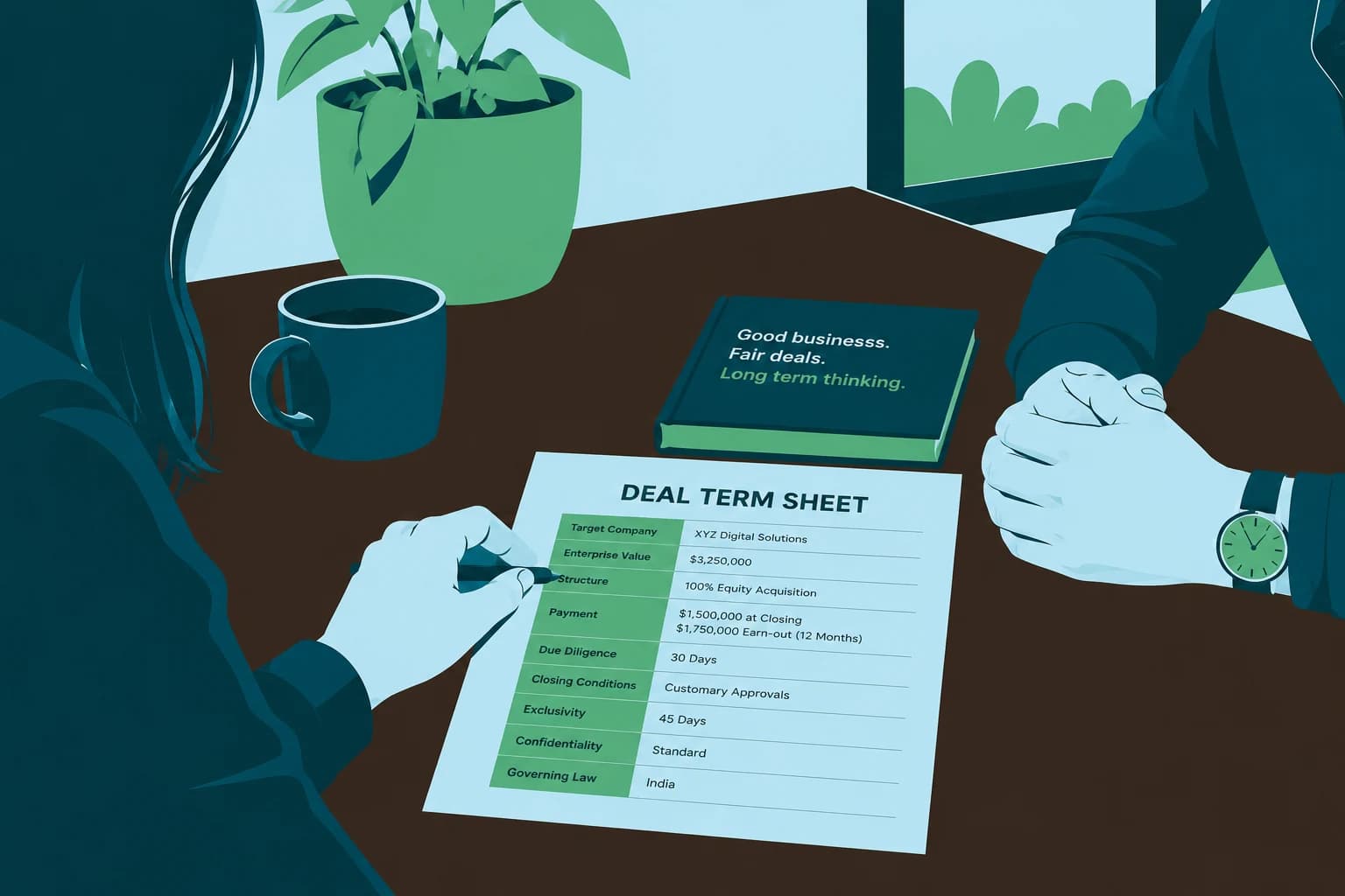 What Is Buy-Side M&A Advisory? A buyer and seller review a deal term sheet across the table, covering target company, enterprise value, structure, payment, due diligence timeline, exclusivity, and governing law for an acquisition in India.