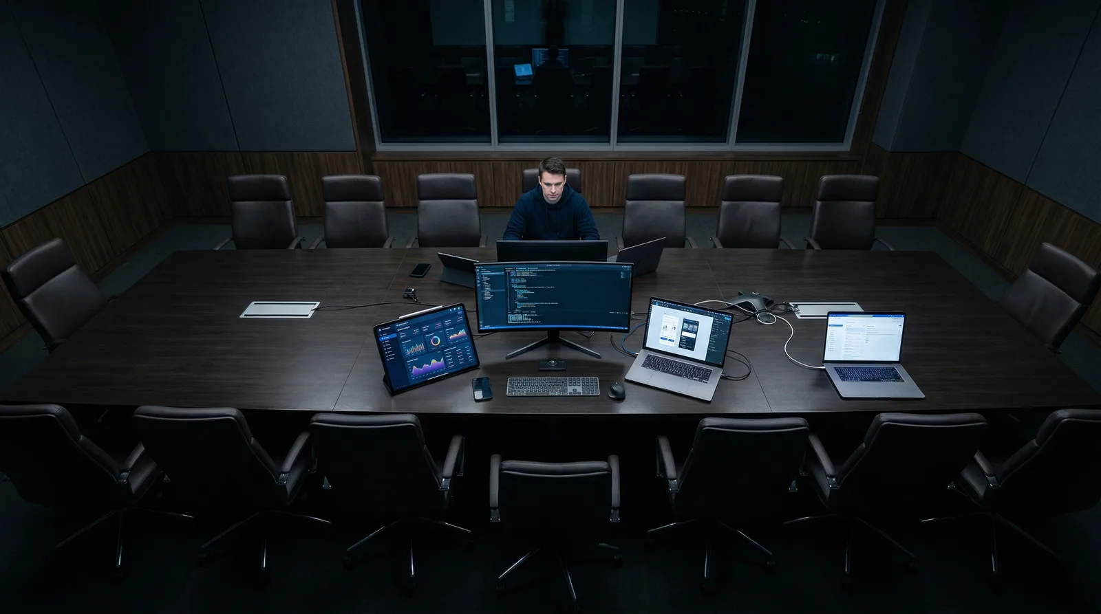 Solo entrepreneur managing multiple screens illustrating AI-driven productivity for college founders