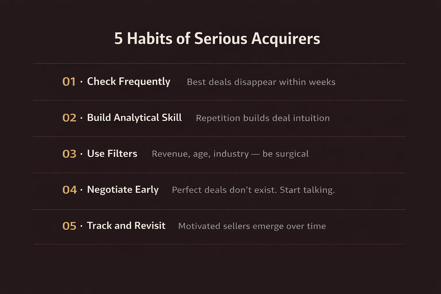 5 habits of serious acquirers: check frequently, build analytical skill, use filters, negotiate early, track and revisit