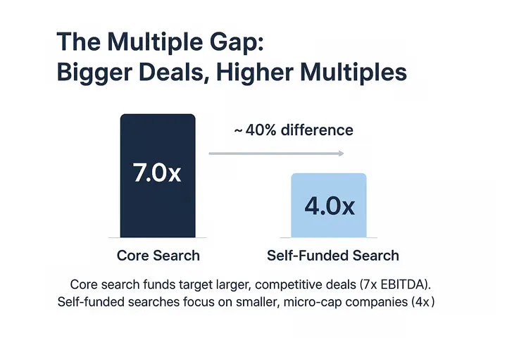 Explaining the multiple gap: core search fund vs self-funded median purchase prices and EBITDA multiples